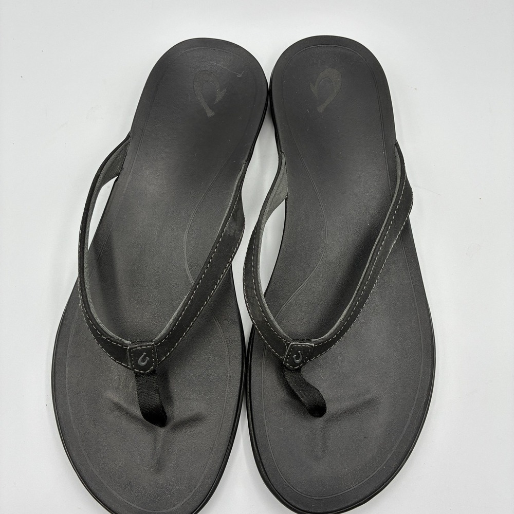 Olukai Flip Flops Womens 11 Ho'opio Black Leather Thong Flats Slip On Beach - Picture 8 of 10